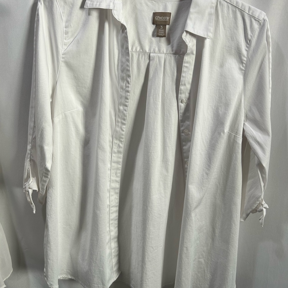 3 Chico's white button down Blouse 3/4 sleeve with ties LN